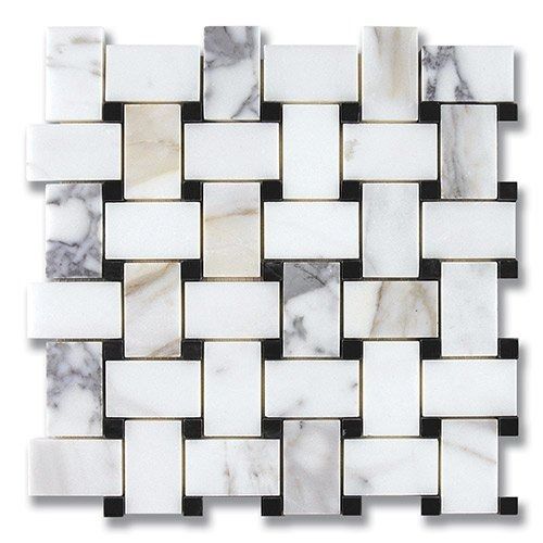 Woven marble tile mosaic with white, gray, and black rectangular pieces.