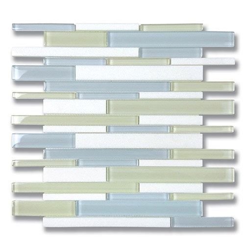 Mosaic tile in white, pale blue, and light green rectangular shapes.