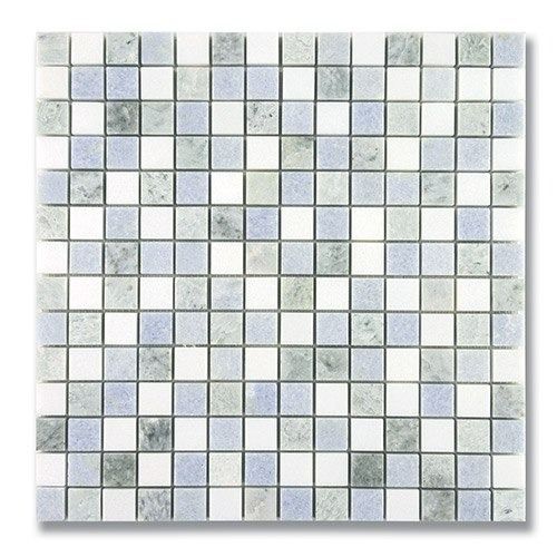 Square mosaic tile pattern in white, blue and green hues.