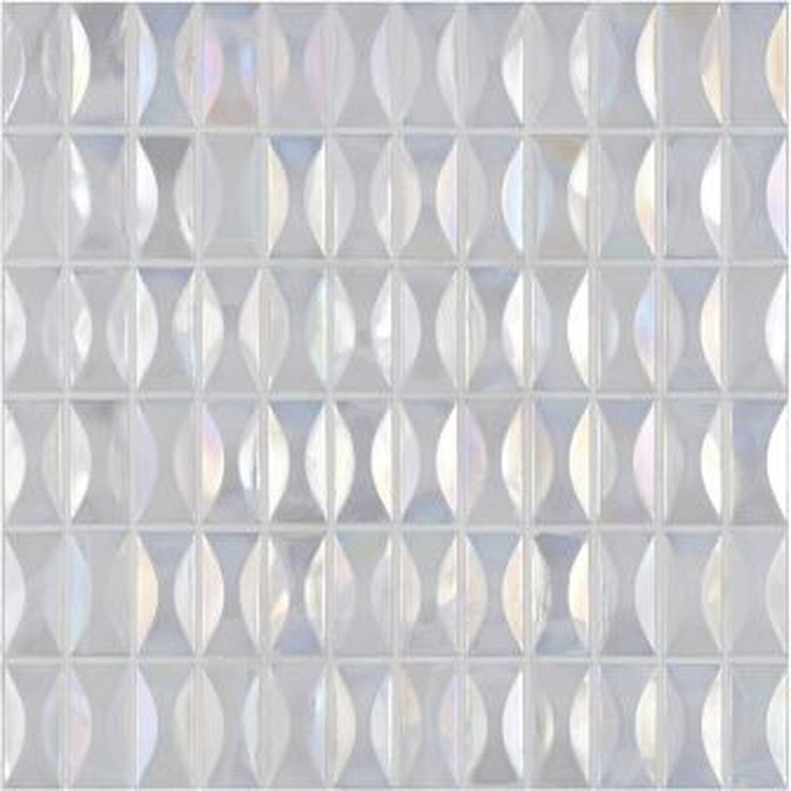 White iridescent mosaic tile with a repeating oval pattern.