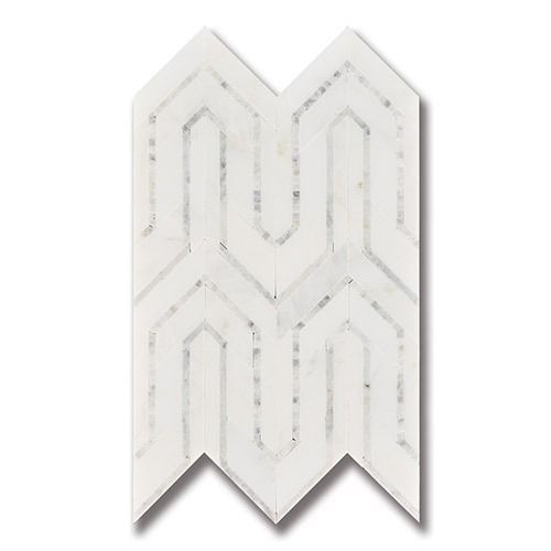 White and gray marble tile with zigzag and U-shaped pattern.