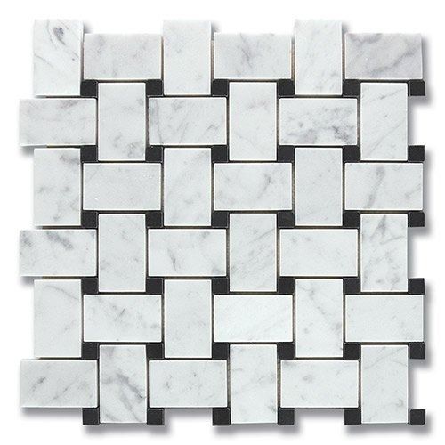 White marble tile mosaic with black accents in a woven pattern.
