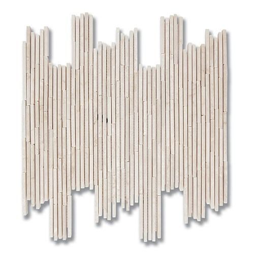 White stone mosaic tile with vertical, unevenly cut pieces.