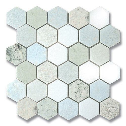 Hexagon-shaped mosaic tile with various shades of light blue, white, and gray.