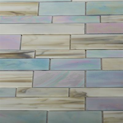 Iridescent rectangular tiles in pale blue, beige, and lavender arranged in a staggered pattern.