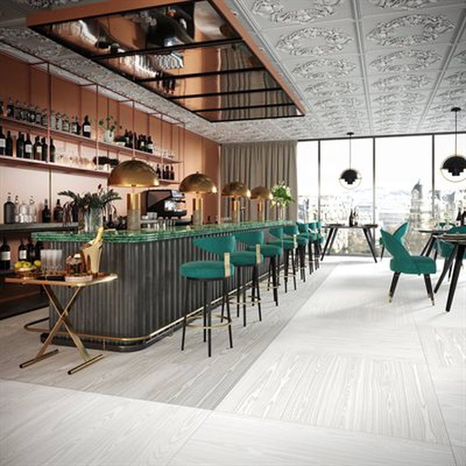 Upscale bar with emerald green bar stools, gold accents, and large windows with city view.