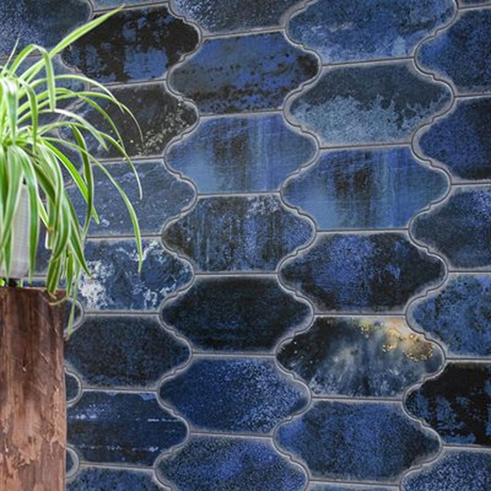 Blue arabesque tiles on a wall, with a small potted green plant on a wooden base in the foreground.