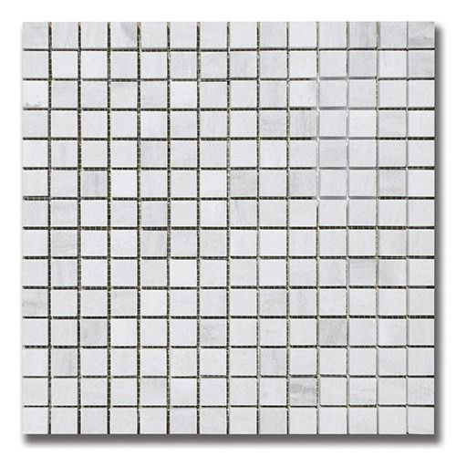 White marble mosaic tile, square pattern, with gray grout lines.