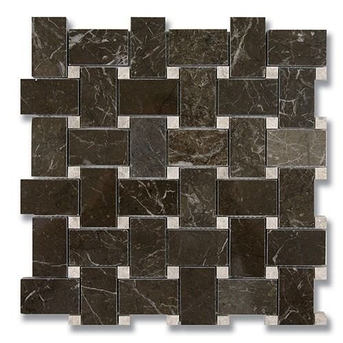 Dark brown marble tile mosaic with gray accents in a woven pattern.