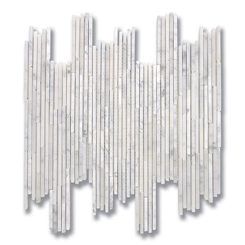 White marble mosaic tile with vertical, uneven lines.