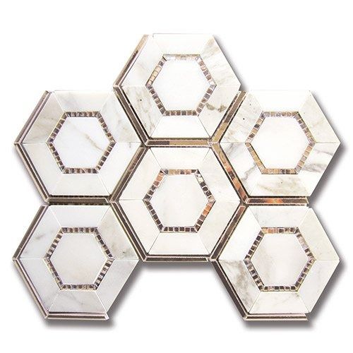 Six white marble hexagon tiles arranged together, each with a central hexagon and metallic border.
