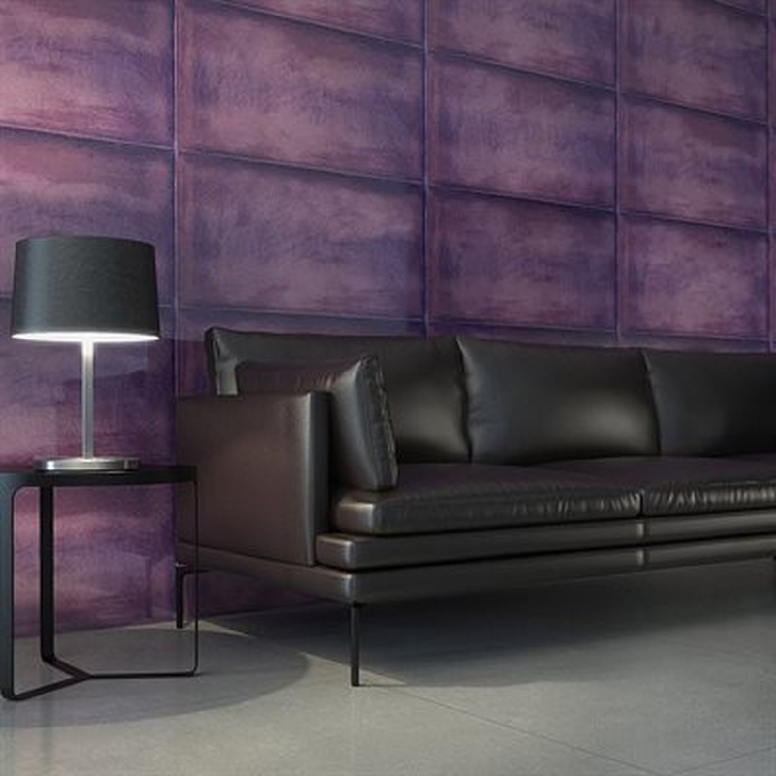 Purple textured wall, black sofa, side table with lamp in modern interior.