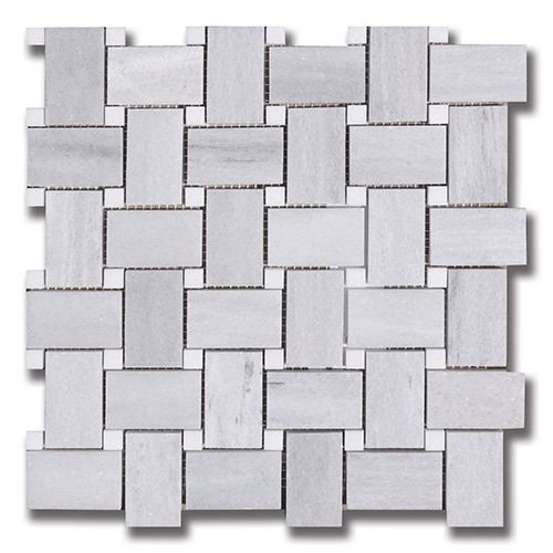 Gray and white rectangular tile mosaic in a woven pattern.