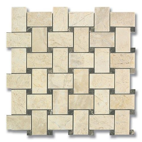 Beige and gray marble tile in a woven basket pattern.