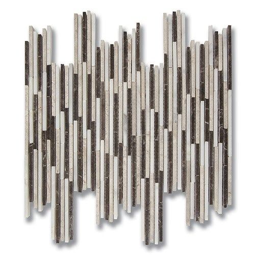 Mosaic tile with vertical, varied-length strips in white, gray, and brown.