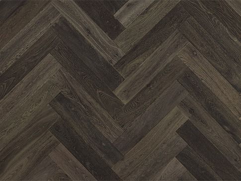 Dark brown herringbone hardwood flooring.