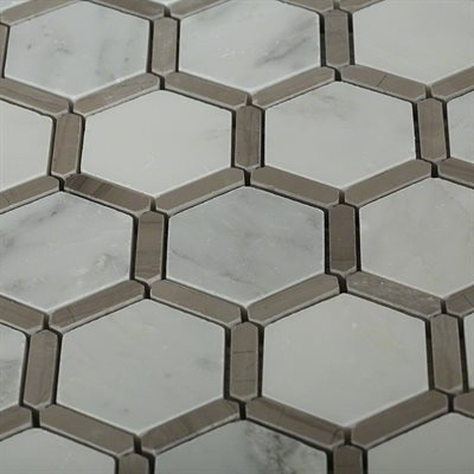 Hexagon-shaped tile mosaic. White marble hexagons framed by gray-brown borders create a repeating pattern.