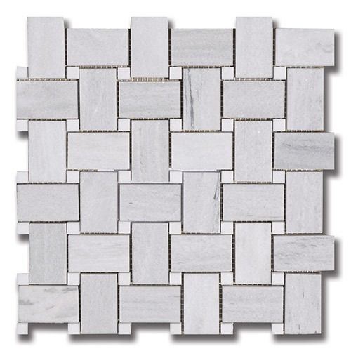 Basketweave tile mosaic, light gray and white rectangular stones arranged in a woven pattern.
