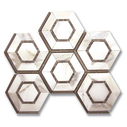 Six marble hexagon tiles, white with gray border and inner hexagon.