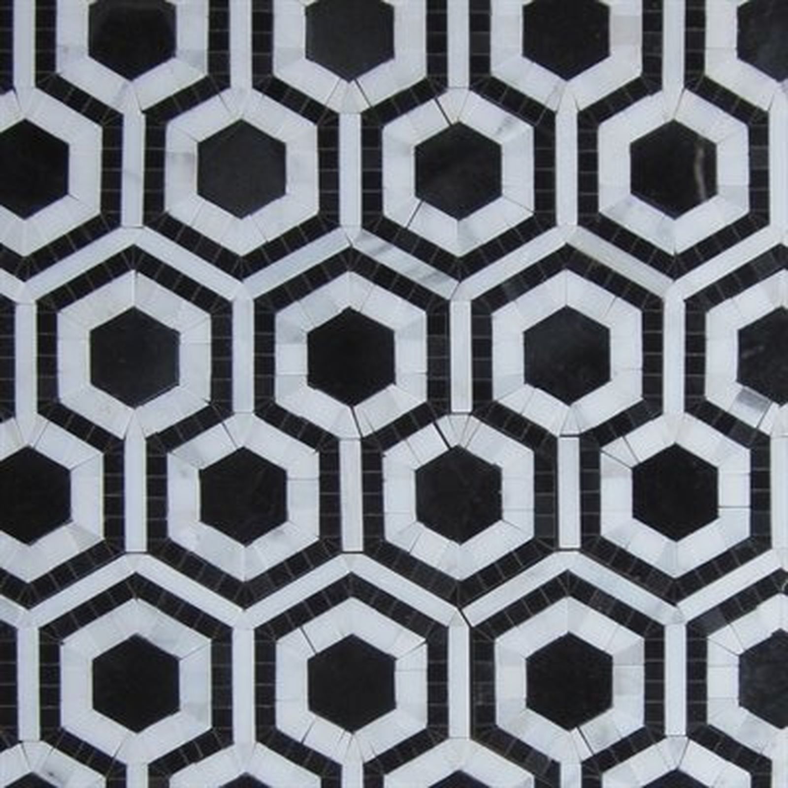 Black and white geometric tile pattern with connected hexagons.