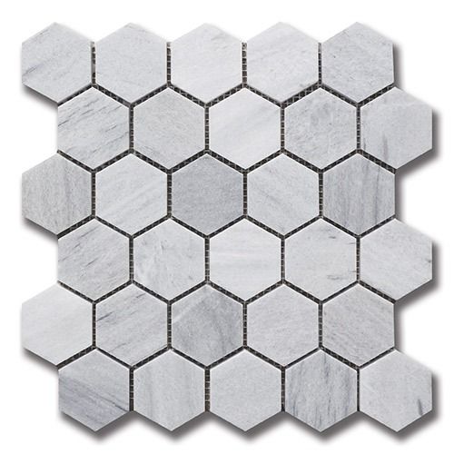 White and gray marble hexagon tile mosaic.