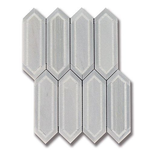 Light gray and white shield-shaped mosaic tile pattern.