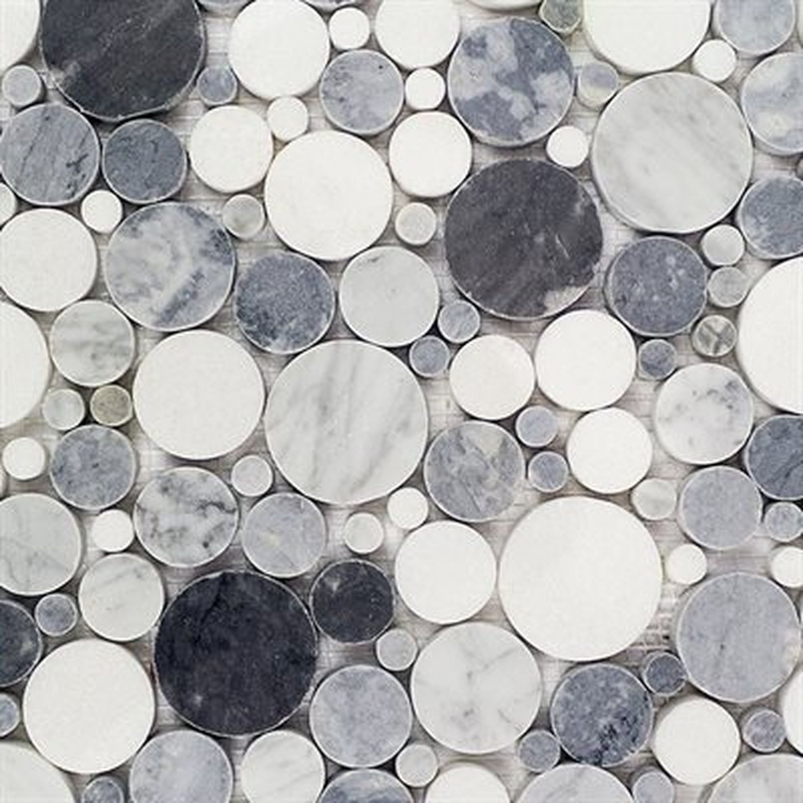 Mosaic tile pattern of gray, white, and marble-veined circles on a light gray background.