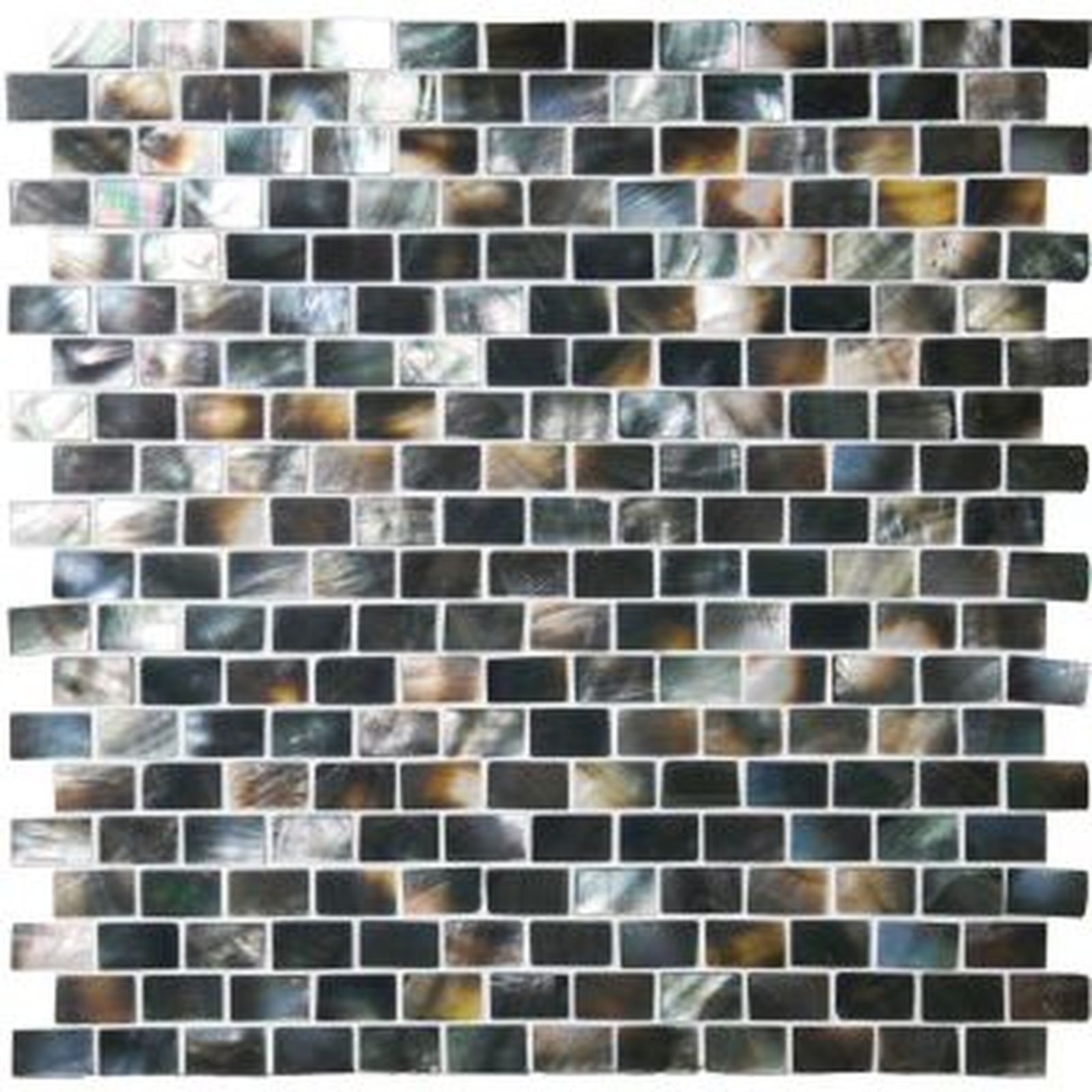 Mosaic tile in various shades of black, gray, and brown, arranged in a brick pattern.