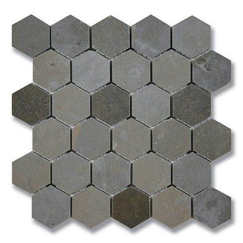 Hexagon-shaped mosaic tile in shades of gray.