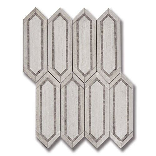 Arrangement of light gray and darker gray, shield-shaped stone tiles.