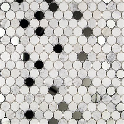 White, black, and silver circular mosaic tile pattern.