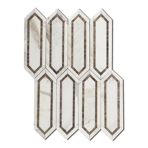 Geometric mosaic tile pattern with white and brown marble detailing.