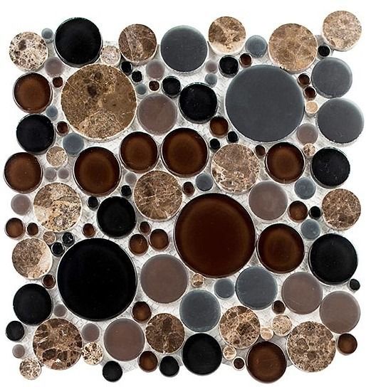 Mosaic tile design with various-sized, circular pieces in brown, black, grey, and textured beige.