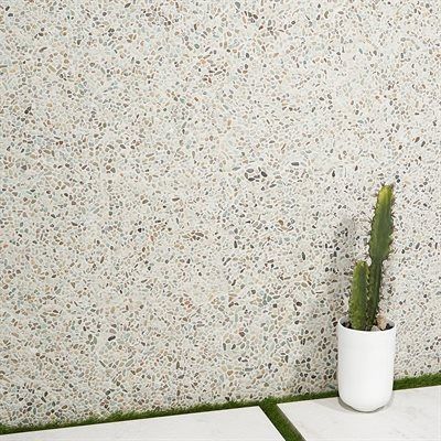 Terrazzo wall with speckled pattern, white pot with cactus, and white paving stones.