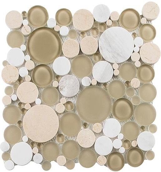 Circular mosaic tile in shades of beige, cream, white, and tan.