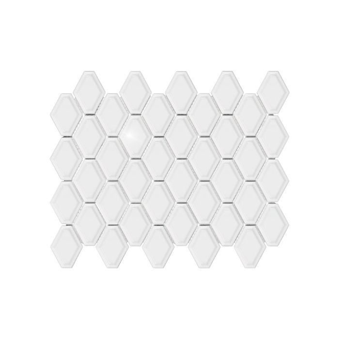 White, geometric tile mosaic in a repeating diamond pattern.