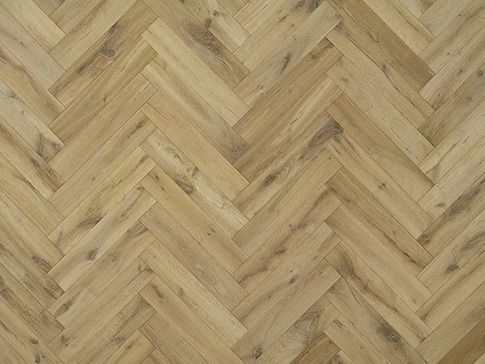 Herringbone pattern wood flooring, light brown with darker wood grain details.