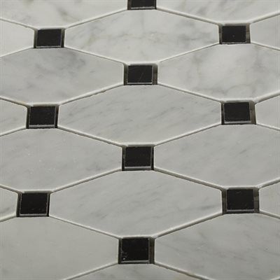 White and gray marble tile in diamond pattern with black square accents.