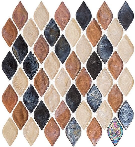Mosaic tile pattern with diamond-shaped tiles in various earth tones and blues.