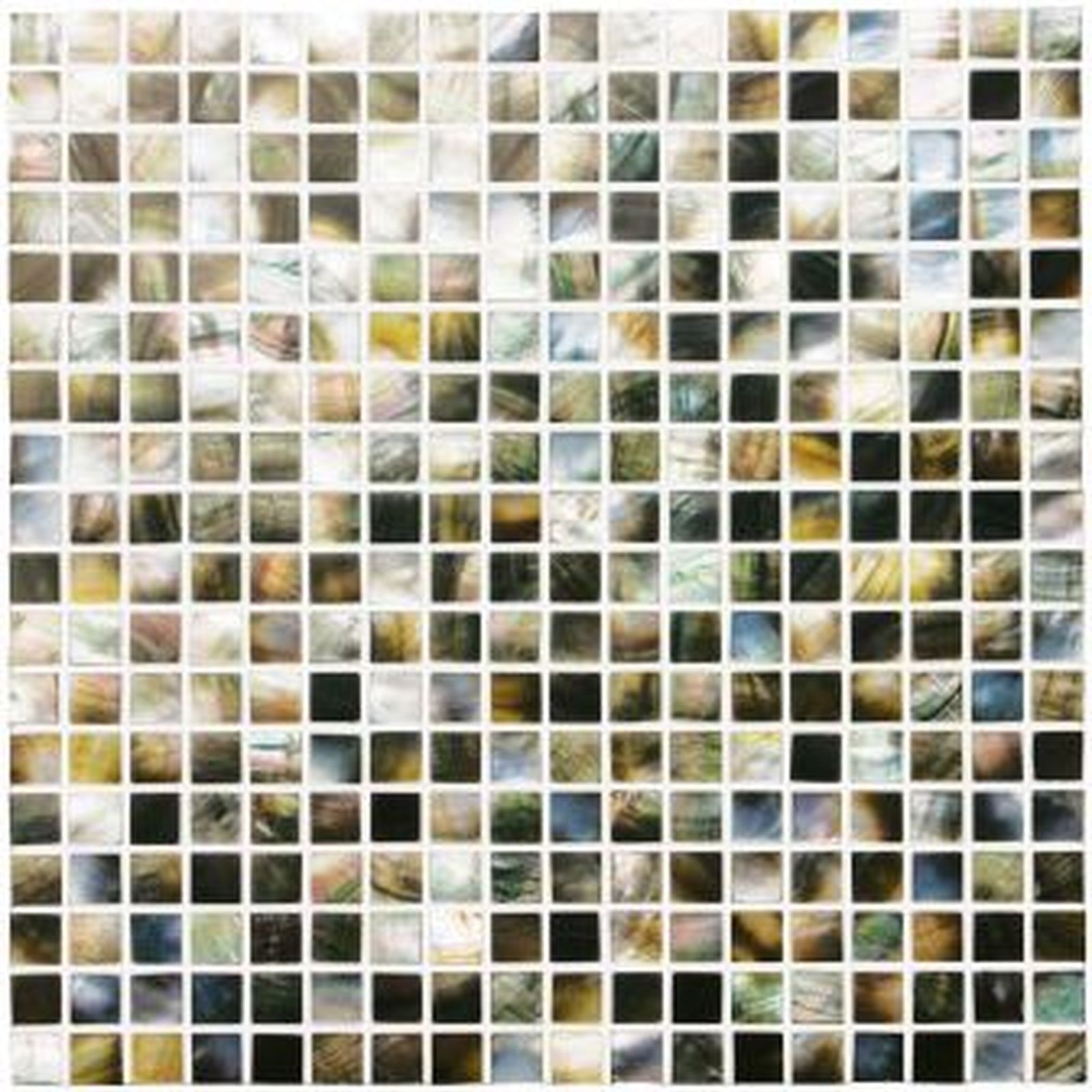 Mosaic tile with square tiles in shades of beige, gold, and dark gray.