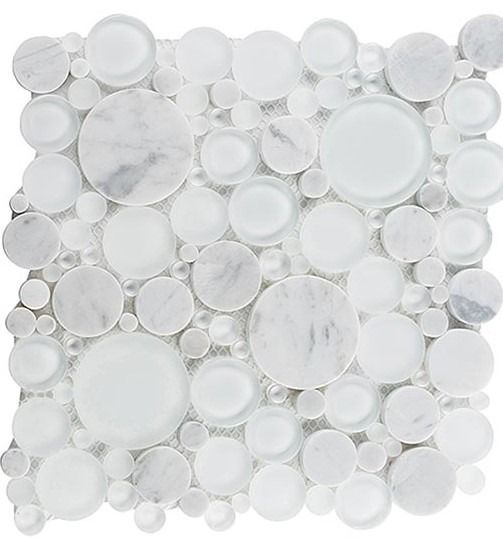 White and gray marble and glass mosaic tile with circular shapes.