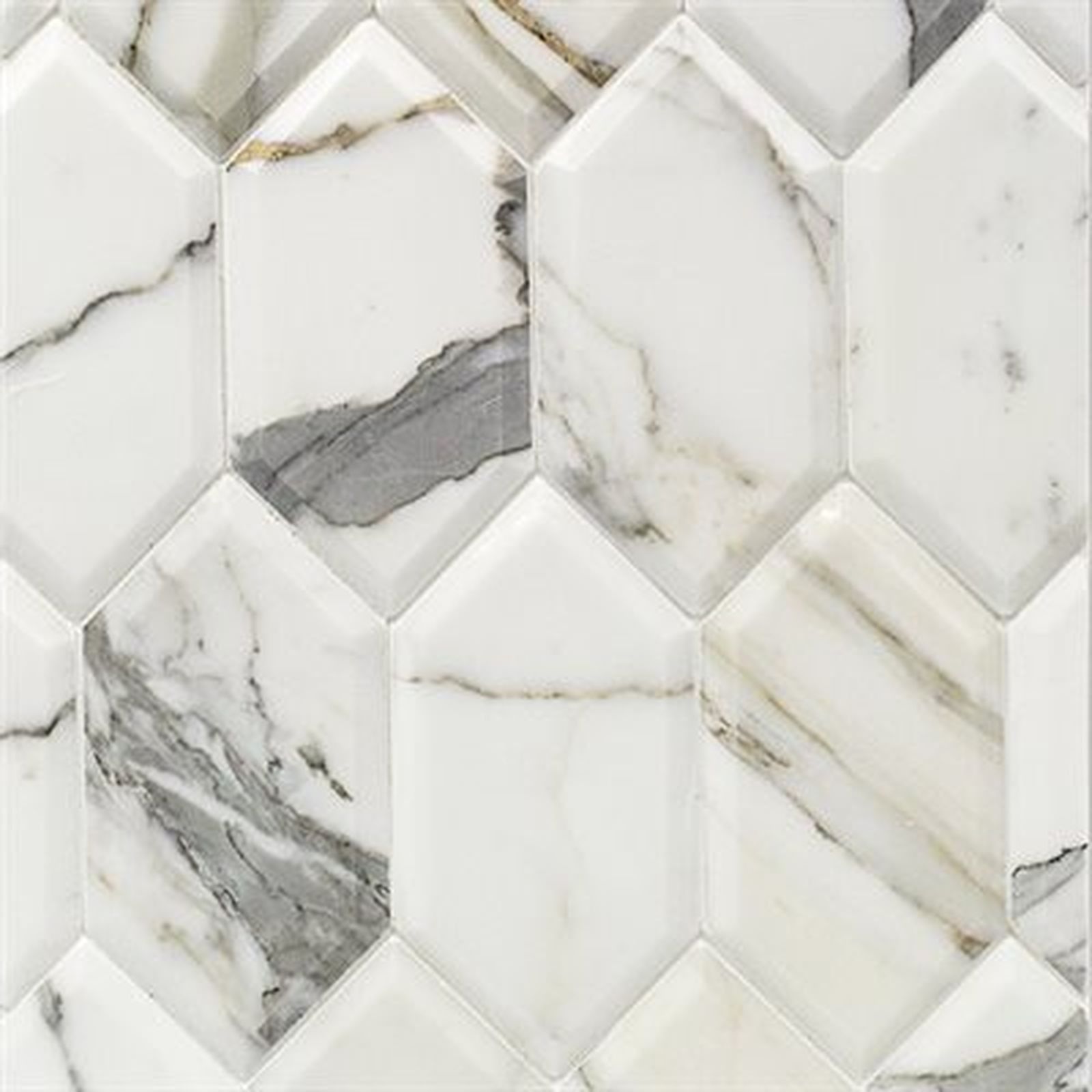 White marble tile with gray and gold veining in a geometric, elongated hexagon pattern.