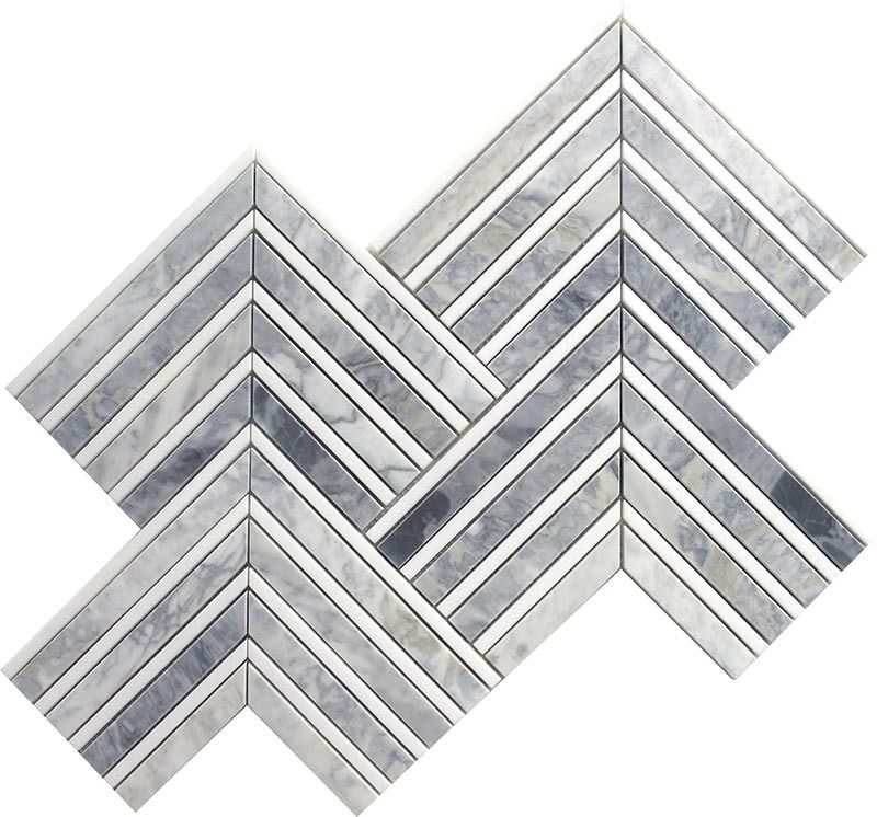 Marble tile with a blue and white herringbone pattern.