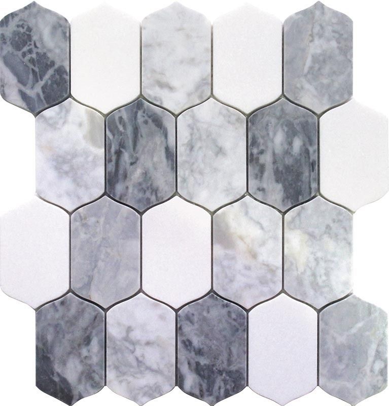 Mosaic tile with white and gray marble in a lantern shape pattern.