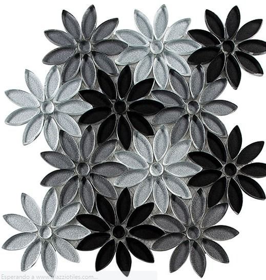 Floral mosaic tile pattern in shades of gray and black.