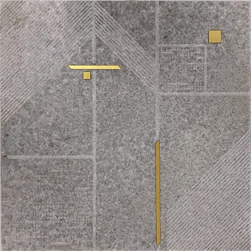 Gray, textured square with gold lines and squares, forming an abstract, geometric design.