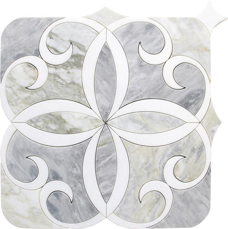 Square tile mosaic with gray and white marble pattern, with floral design.