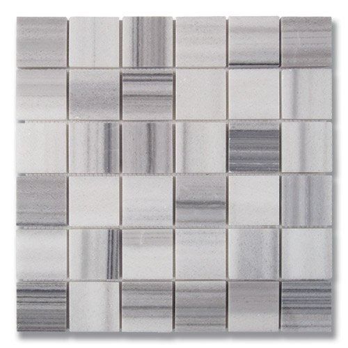 Square mosaic tile pattern with gray and white marble tiles.