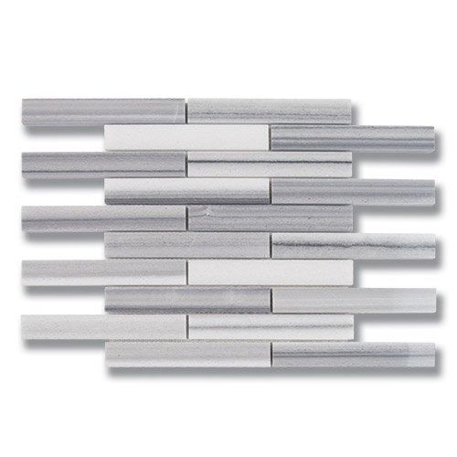 Mosaic tile with gray and white rectangular pieces in a random pattern.