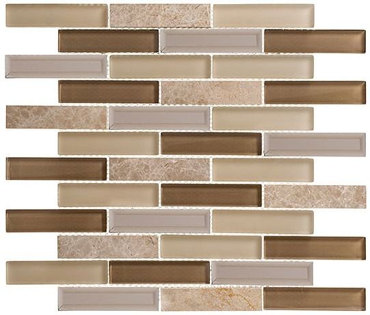 Mosaic tile with rectangular pieces in shades of beige, brown, and off-white.